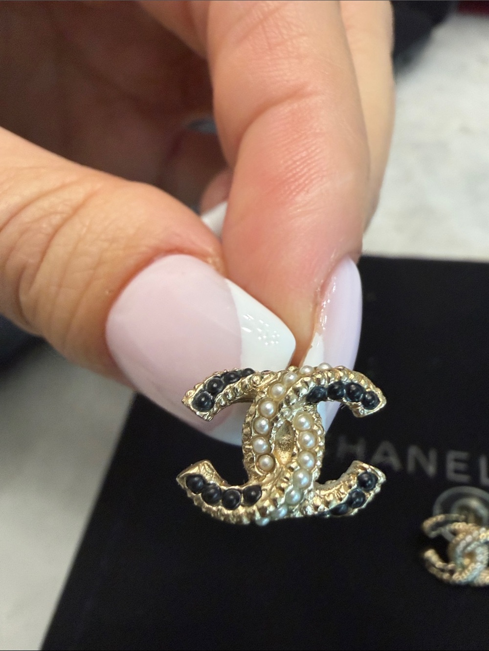 Authentic vintageCHANEL Gold CC Logo Earrings with Ivory Pearls & Black Crystals